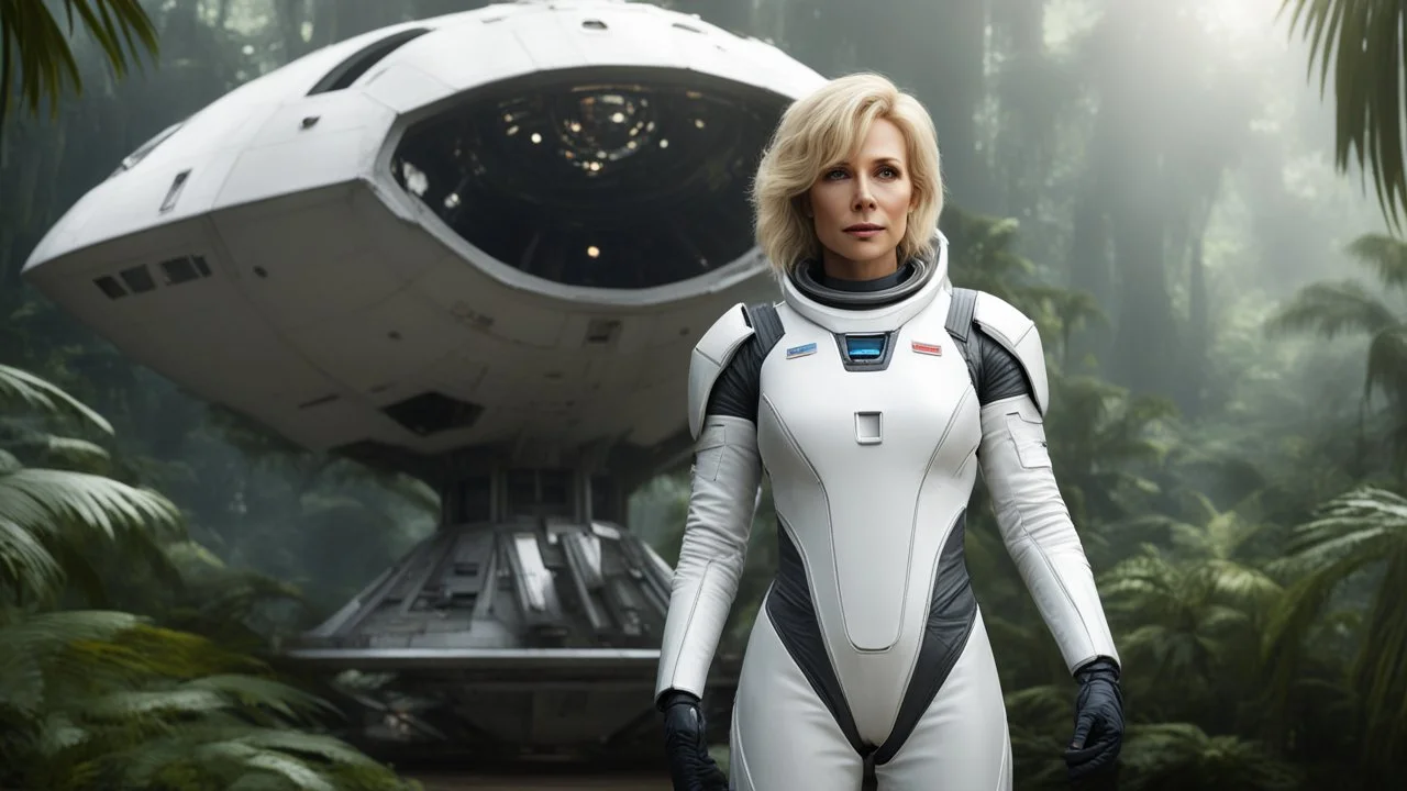 A photorealistic image of an adventurous, slender, 50-year-old woman from the future, dressed in a fitted, full-body spacesuit, stands proudly beside her huge, wide, sleek, wingless cargo starship. Her uncombed, blond hair has bangs. She is standing on a metal box in a jungle clearing.