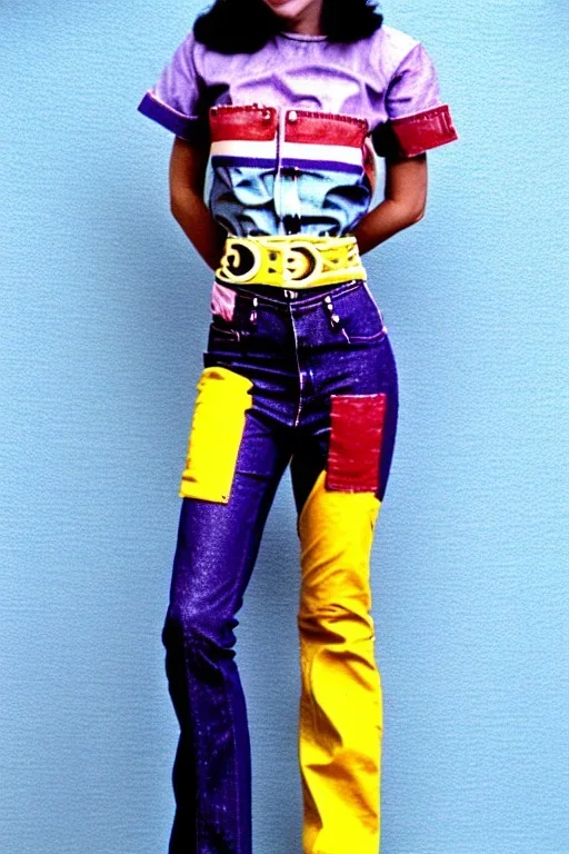 Photograph of a woman. Low waist jeans! bright blue jean,baggy, 1996!Huge plant prints on denim,terracotta,cream,purple,lilac. Cream colored latex parts. imperial yellow, red plum stripes, only on the top half of t-shirt. European daft punk woman. Mantle is sewed of recycled Denim and sewed together of recycled polymer felt. lace, Yellow(Munsell) areas. hint of orange as effect color!!Big bright purple/khaki felt tippet and cream or blue or lilac colored-hood. mantle is merged with cobalt bole