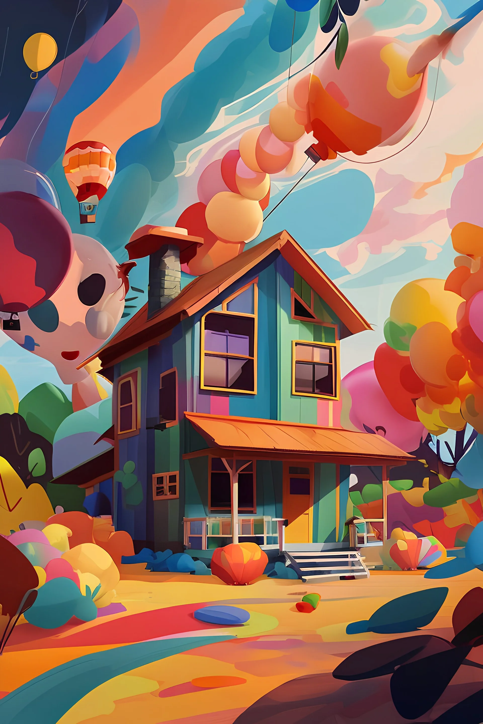 A colorful dream home, trees, balloons, a little boy, a little dog , cartoon style