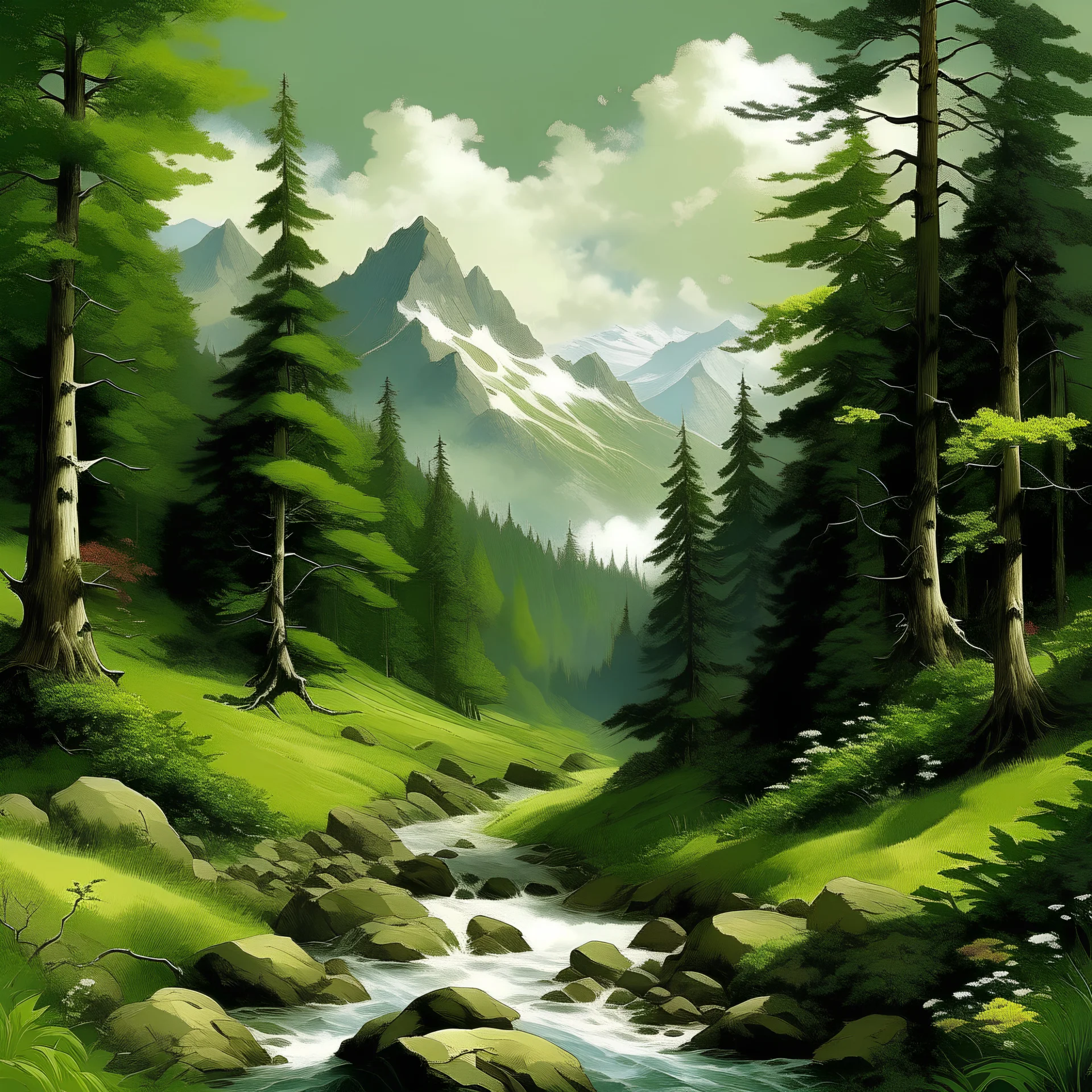 crear imagen de un bosque con montañas y ríos donde hay gran variedad de fauna y flora.