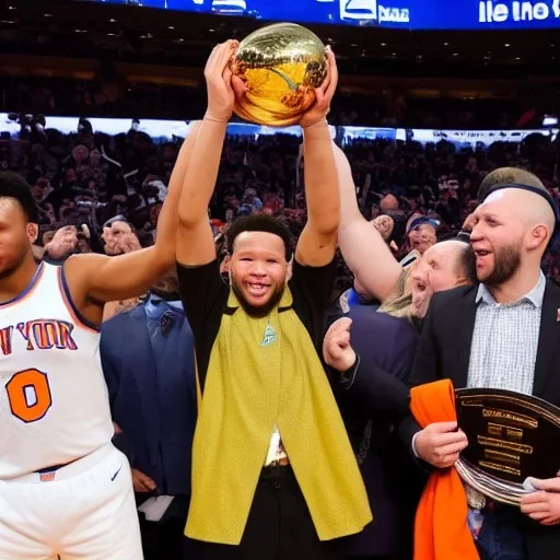 Jalen Brunson winning the NBA finals with the new york Knicks at Madison Square Garden and holding the MVP trophy above his head