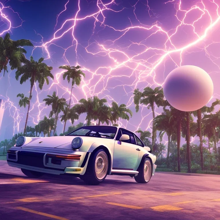 1980's aesthetic vaporwave palm trees and spheres and Porsche with lightning