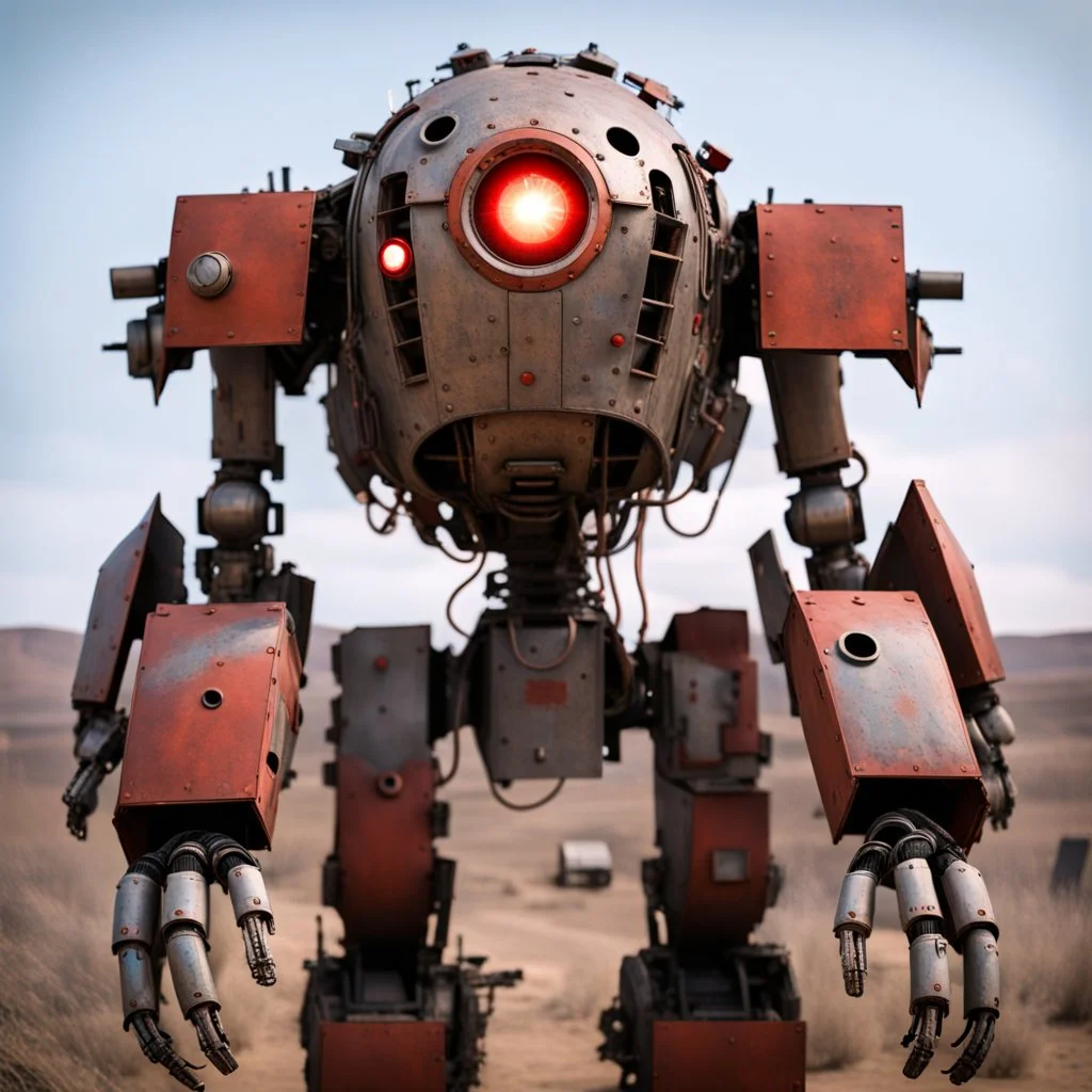 trash mech suit, human-sized, made of scrap metal, cockpit, light rust, round, one red glowing eye, loose wires, escape hatch