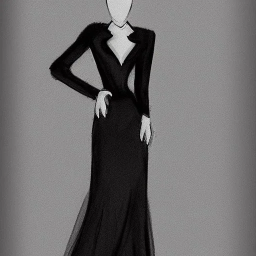 Fashion sketch of dress, black dress with black long sleeves, white collar, lace and silk, modern, conceptual design