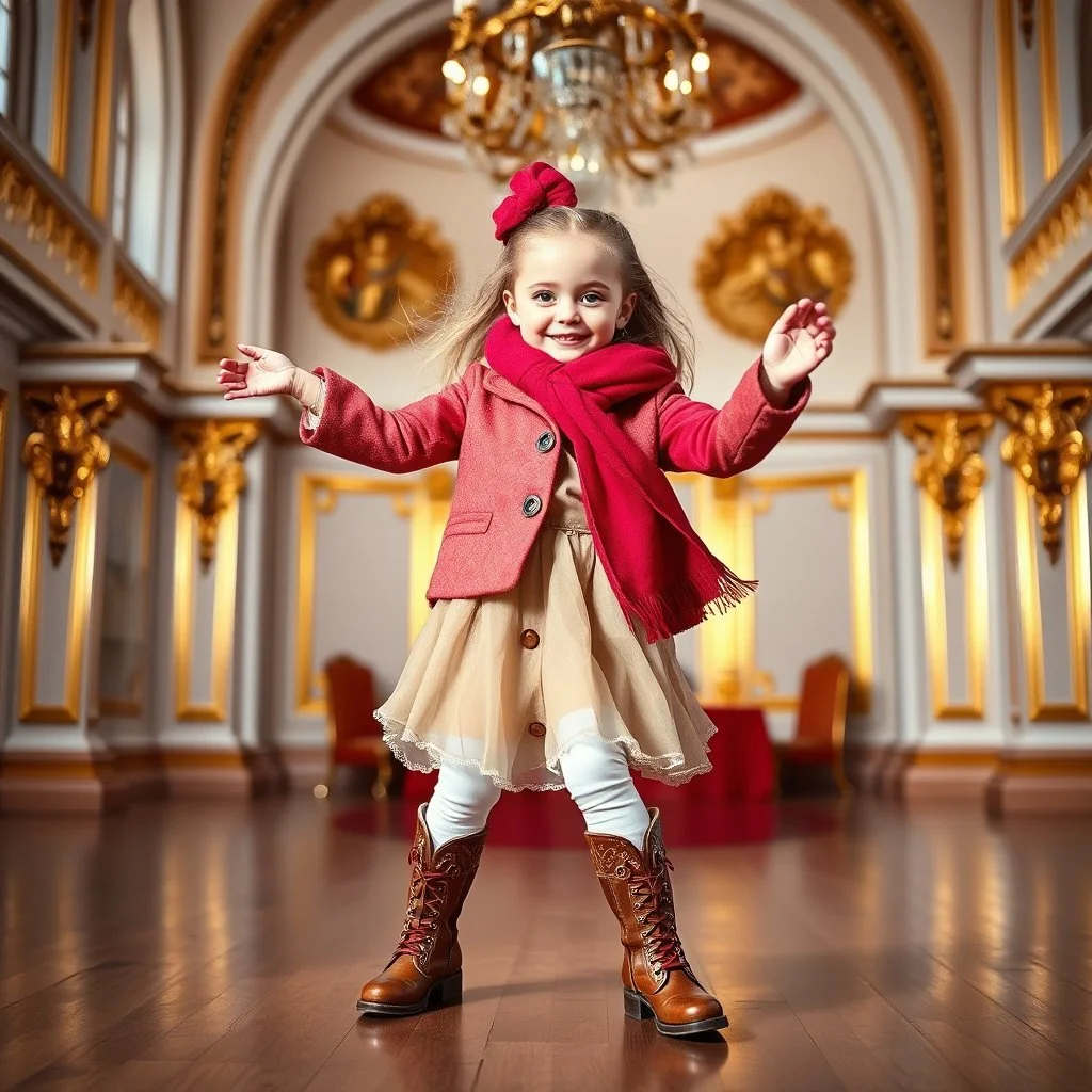 a 2 years old girl in modern clothing and makeup dancing with cute and joy with pertty boots in a modern royal hall