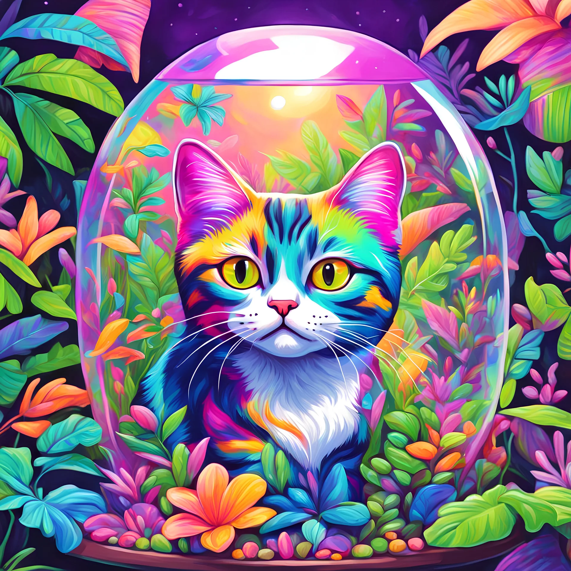 cat in a terrarium jungle in Lisa Frank art style