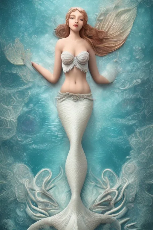 Intricately detailed white 3D paper patchwork with a mermaid, sea horses and starfish, style by Catherine Abel, Gediminas Pranckevicius digital painting elegant Award winning photography fantasy intricate 8k cinematic lighting very attractive beautiful high detail poster crisp quality Unreal Engine Michelangelo