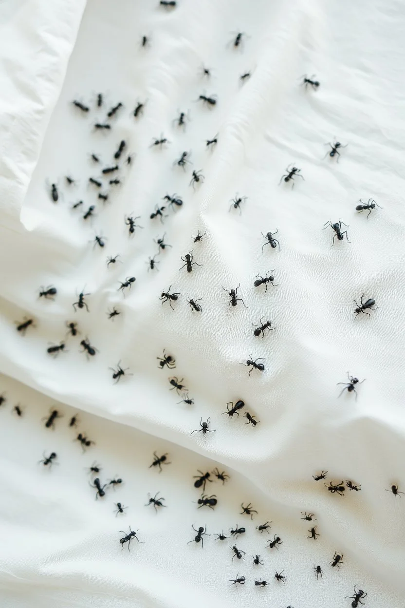 A bed with white sheet covered with black ants