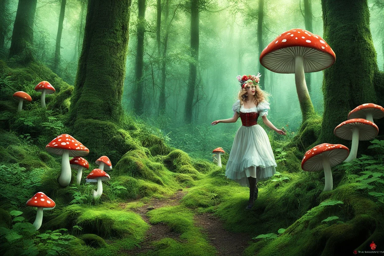 [psychedelic vision of the forest] she is the maid, she is a fairy, she eat too many of these mushrooms! she is now all dancing all the way to the village with her fiends the animals of the forest: We are laughing loud and loving nature and animals. This is a so great adventure for a maid: being the Lover of the forest!