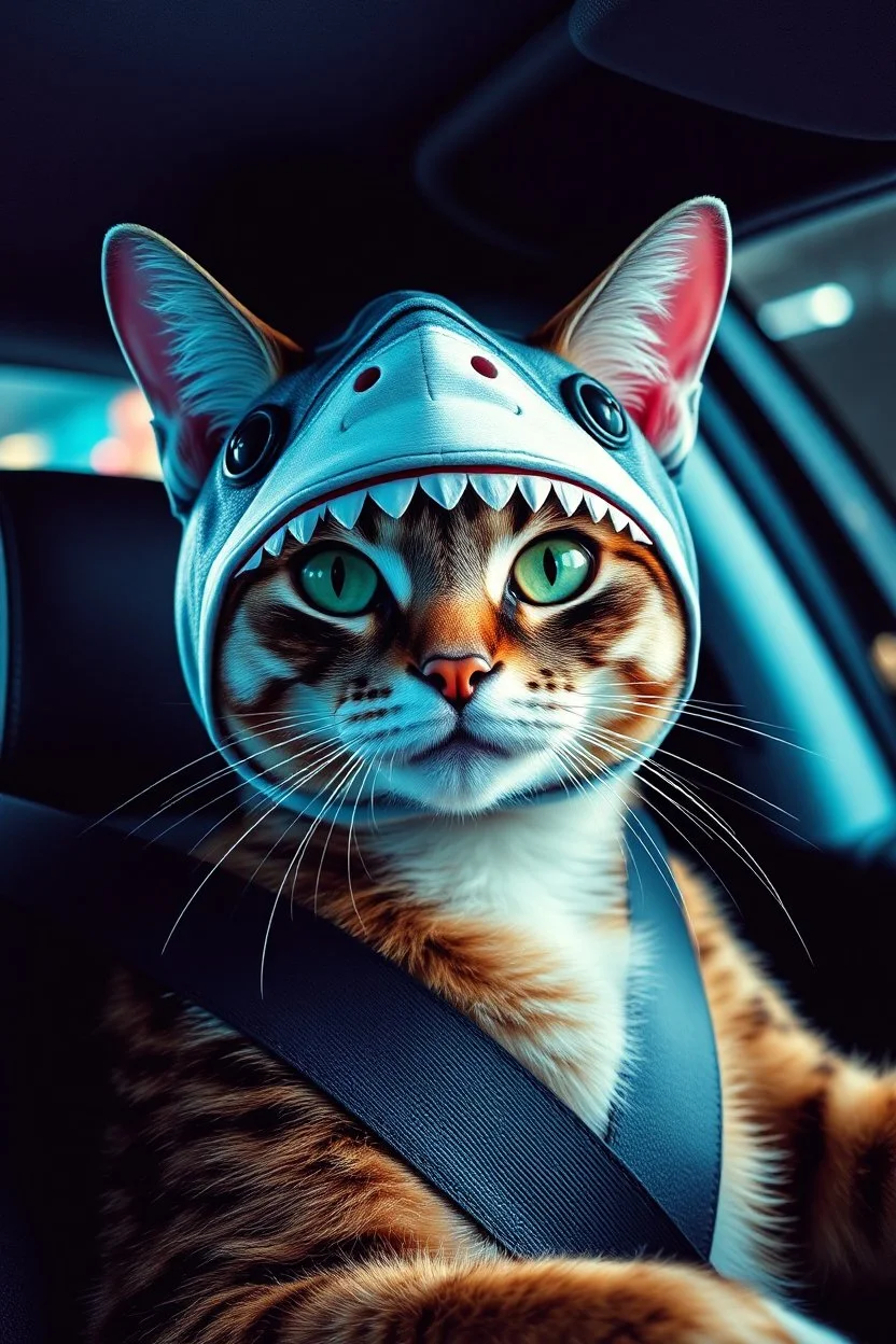 cat with shark mask hat solana driving lamo japanese style in the style of warhol