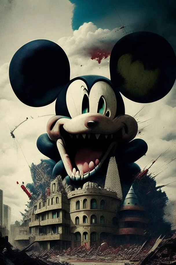 MICKEY MOUSE WITH ACCURATE EYES AS A HUGE GODZILLA DESTROYING BUILDINGS IN SOUTH AFFRICA