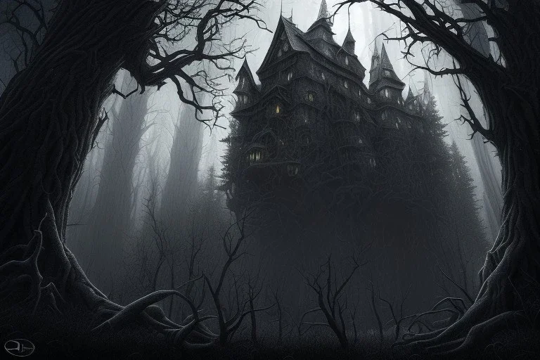  Wednesday Adams, black and white, one tall narrow scary house , pointy roof, cursed trees , dense dark forest, forest background, spiders, bats, bones, Escher style