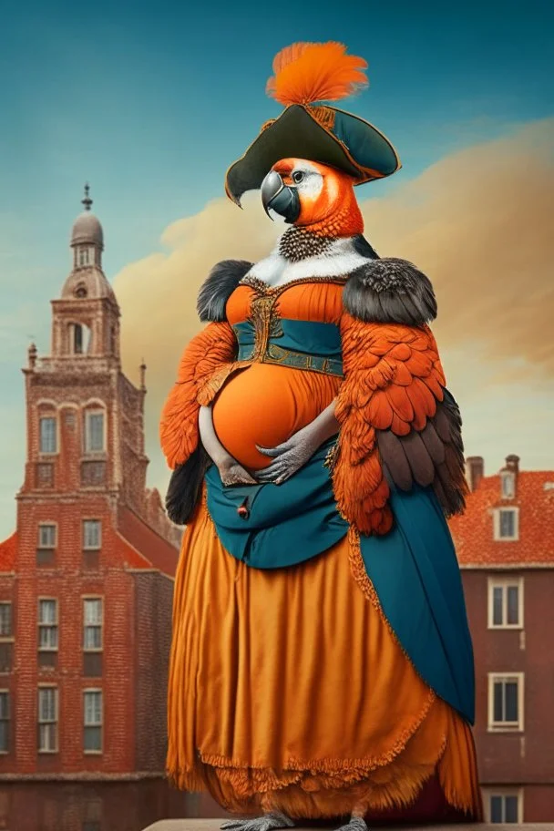 Pregnant Half parrot half human in a old 1700s orange Dutch uniform in front of a Dutch city