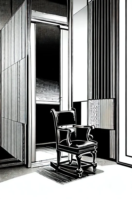 chair in the middle of an empty room, grayscale