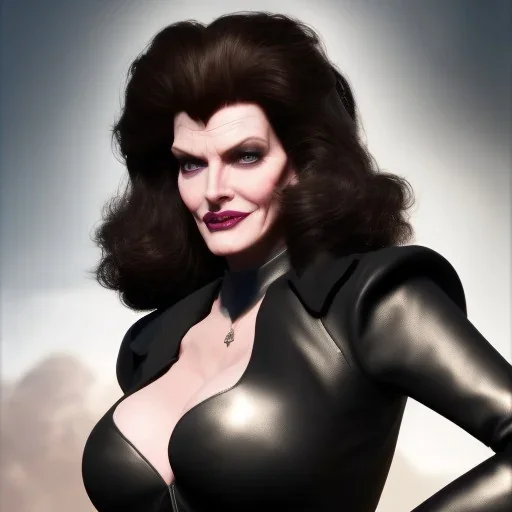 Rene Russo as evil queen in black leather, busty, cleavage, angry, stern look. character design by cory loftis. unreal engine 5, artistic lighting, highly detailed, photorealistic, fantasy