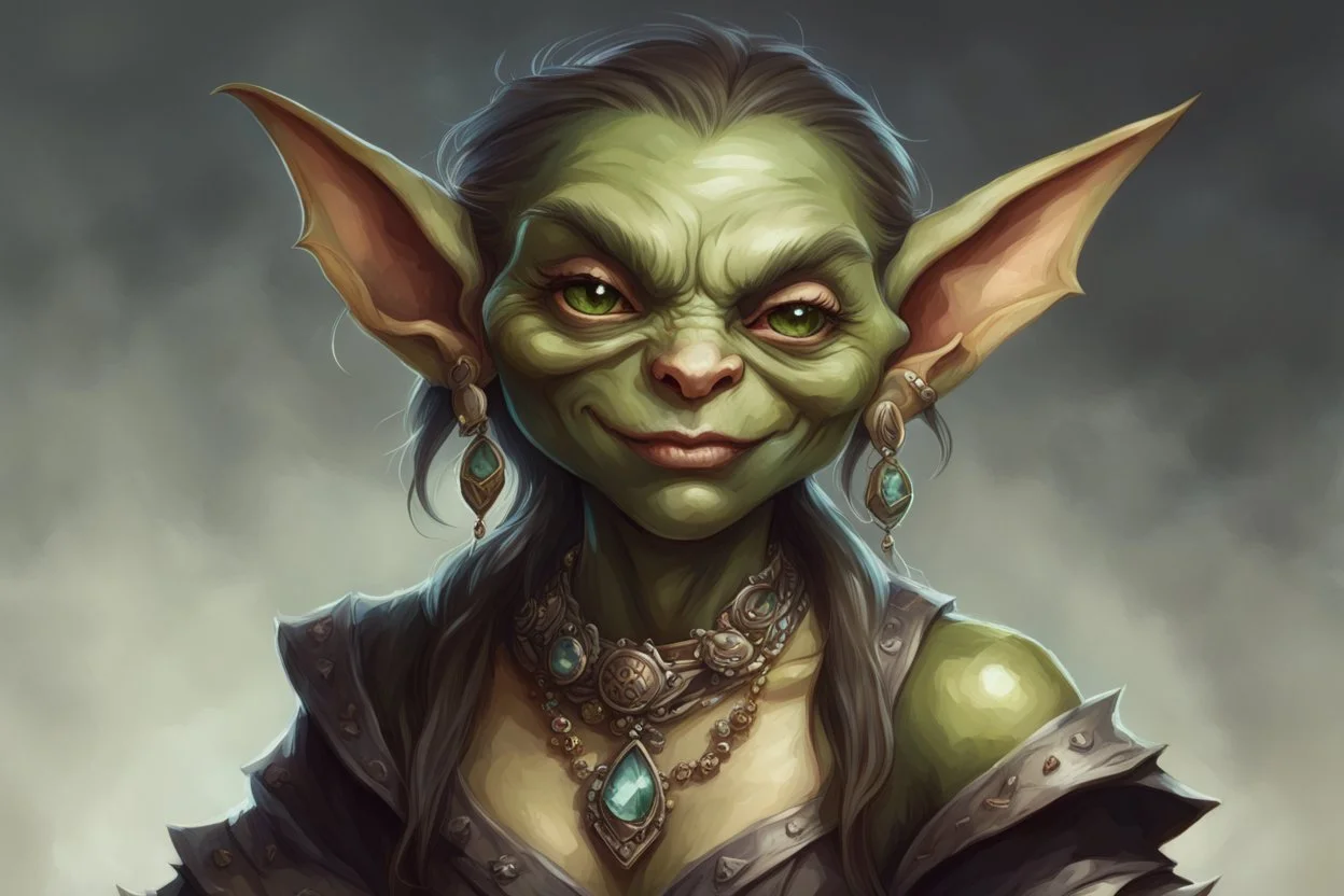 dnd, portrait of female goblin wearing jewelry