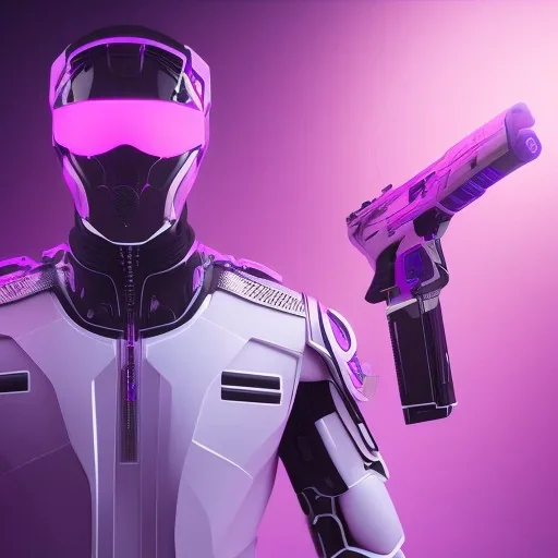 handsome, cute man, handsome man in futuristic suits, black and white highlight hair color, pink and purple background, pink lighting, deep purple backlighting, gun, smoke, robot suits