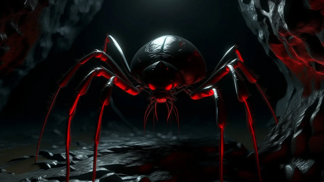 Aracnórax en caverna oscura, híbrido de araña y reptil con ocho patas segmentadas, caparazón negro con vetas rojas incandescentes, ojos múltiples brillando, luz puntual, sombras profundas, atmósfera opresiva, render hiperrealista
