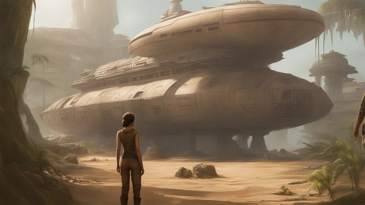 .Concept art. Medium shot. skinny 50-year-old woman in brown shorts, shirt, and boots, standing next to a Naboo Royal Cruiser cargo ship, sitting in a derelict alien jungle town. Best quality.