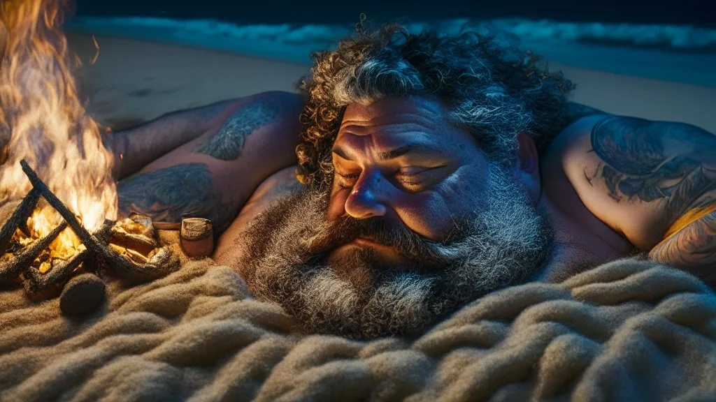 top view photography of a sicilian baywatcher burly sweat chubby 52 years old , swimwear, manly chest ,tattoo, curly hairs, beard, lying down on the beach at midnight , illuminated by bonfire, photorealistic, 8k, Canon EOS, 35mm lens, , unreal engine, greg rutkowski, loish, rhads, beeple, makoto shinkai and lois van baarle, ilya kuvshinov, rossdraws, tom bagshaw, alphonse mucha, global illumination, detailed and intricate environment