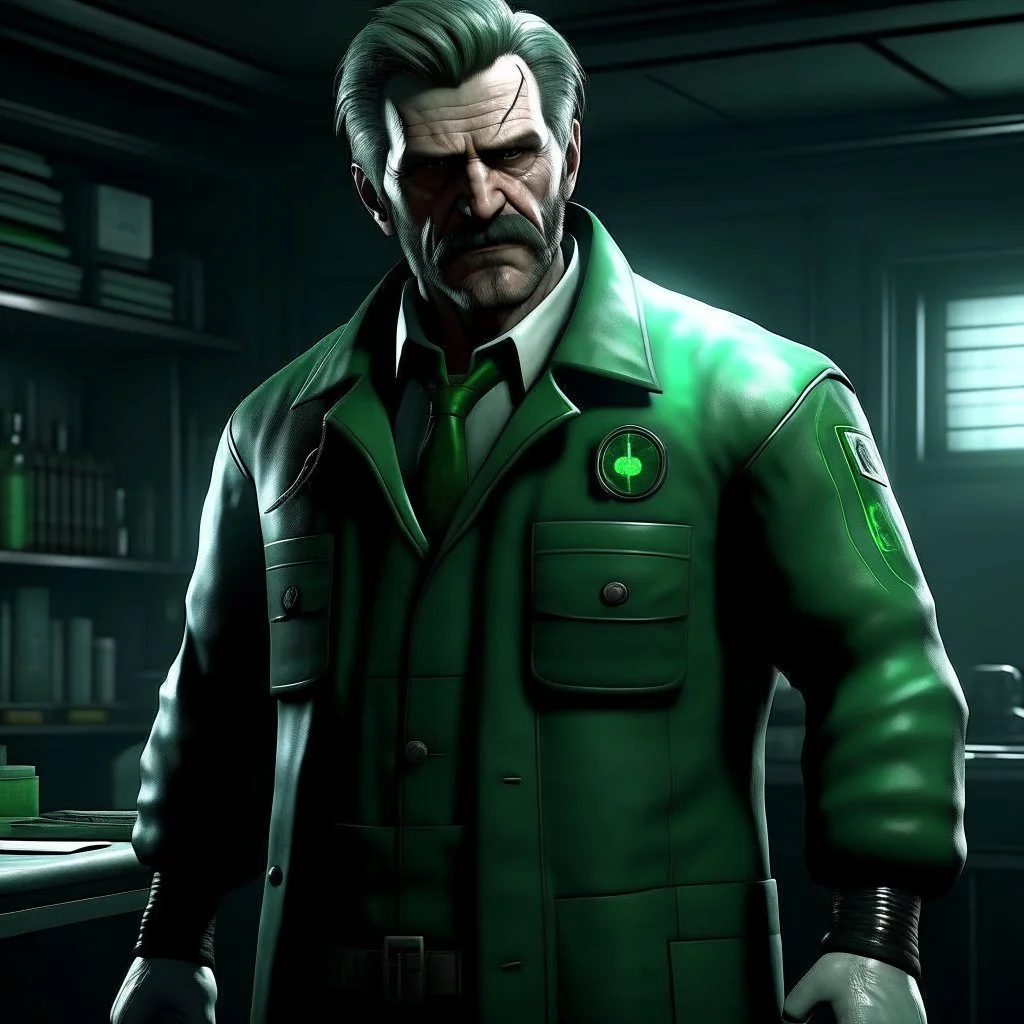 A resident evil Scientist, with a dark green Fleece below his lab coat,