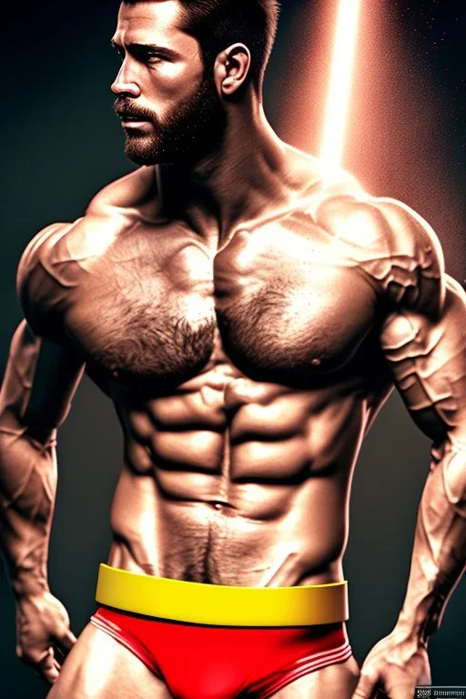 Ignore NSFW, teenager young rugged attractive slightly muscular fantastic handsome man, red briefs with yellow belt, hairy chest, (((visibly pisssing))) briefs, large erect visible boner peniss, photorealistic, artist Jay Anacleto, soft lighting, scruffy beard