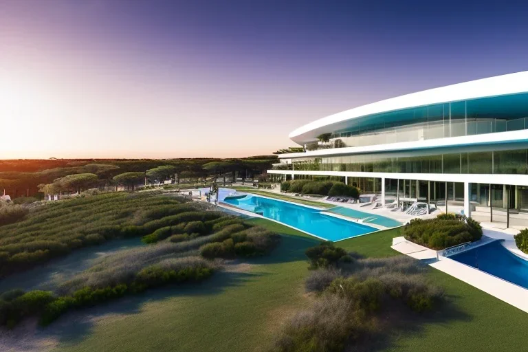 Sunset algarve in quinta do lago, one straight line building of 250 meters long modern luxury architecture with pool on rooftop, with green roofs and sun loungers next to pool, overlooking a tennis sport facility surrounded by pine trees, on a slope with pinus pinea, a wrap around low speed veicular road