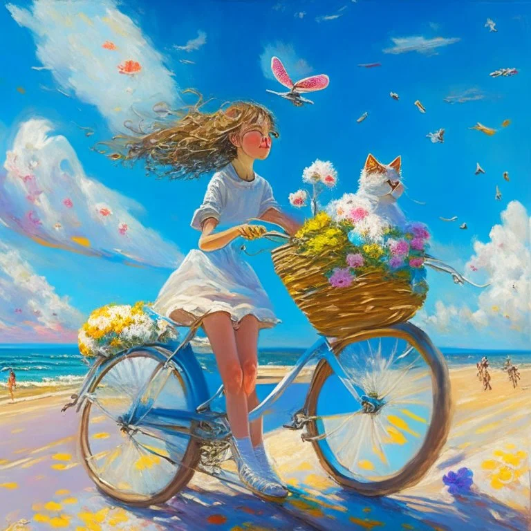 A girl is riding a bicycle on the beach. His cat is sitting in the front basket of the bicycle. Spring flowers can be seen everywhere. Beautiful blue sky with white clouds - kites in the sky. sense of peace. digital art, oil painting, 8k, full details, colorful, high resolution