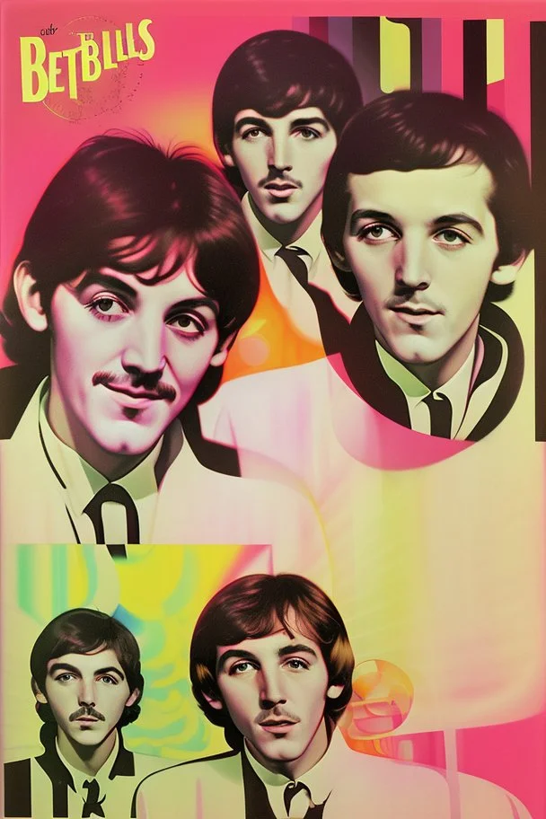 copertina album musicale anni 60 di band come beatles, andy wharol ecc. stile trip acidi fluo
