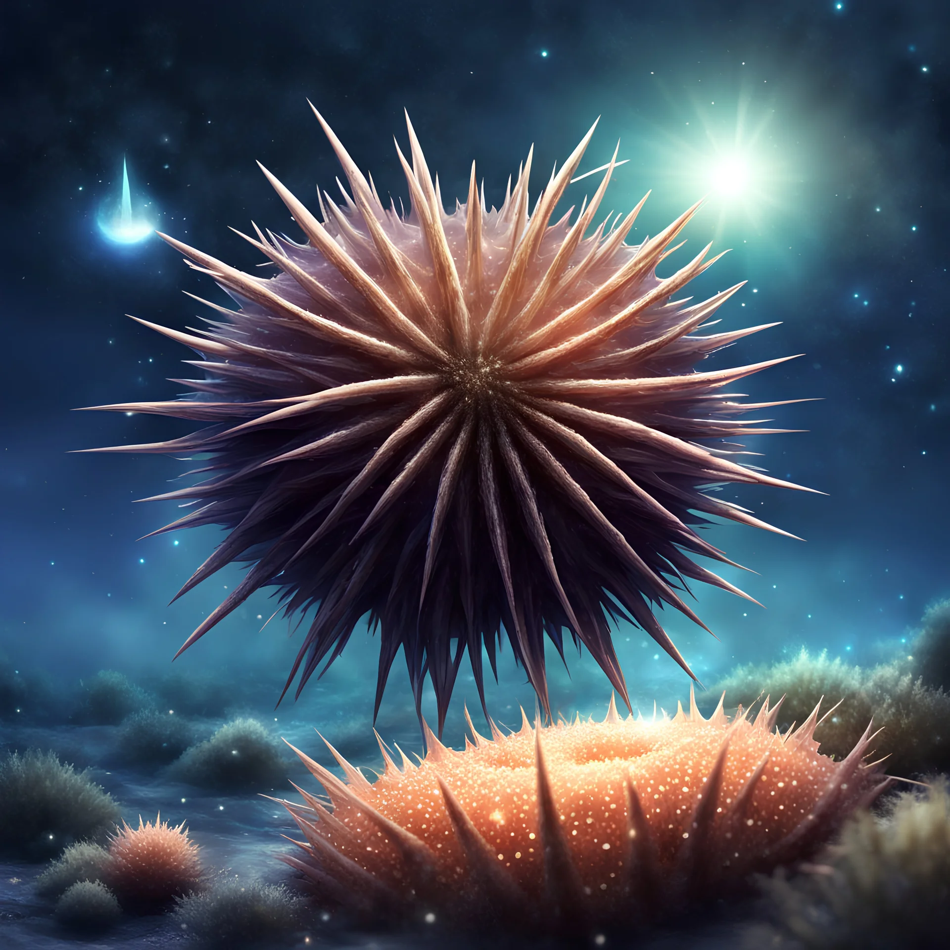 SEA urchin with spikes reaching to the stars, in rp fantasy game art style, background cosmic