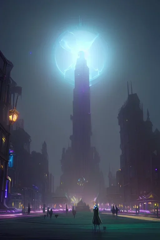 a city at night with a elf wizard who is holding a glowing orb