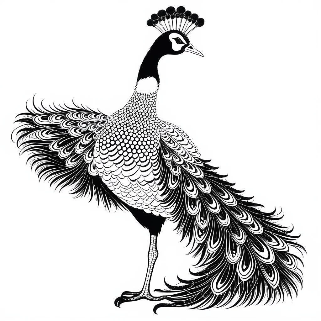 white, A peacock in flight, vector, white background, outline, with images neatly contained within the background, just black and white color, full body, no color. Front view.