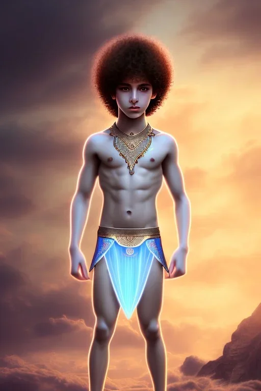 beautiful 12 year old arabic boy with curly hair and light blue eyes dressed in short transparent loincloth