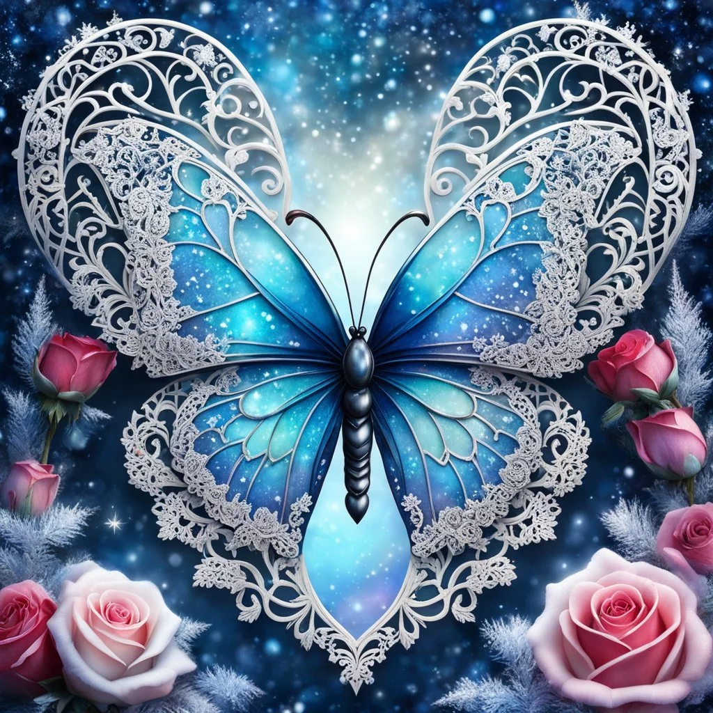 Beautiful filigree lacey butterfly, winter wonderland background, triple frosted heart with bi colored roses, glitter, glowing, transparent, sparklecore, Thomas Kinkade, realistic painting, 8K