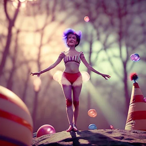 Ultra realistic circus scene. Sweet hair monster dancer man., night, smooth color, waist up view, Wes Anderson style, happy, bubbles, butterflys, dark ambient, highly detailed, concept art, unreal engine 5, god rays, ray tracing, RTX, lumen lighting, ultra detail, volumetric lighting, 3d, finely drawn, high definition, high resolution.