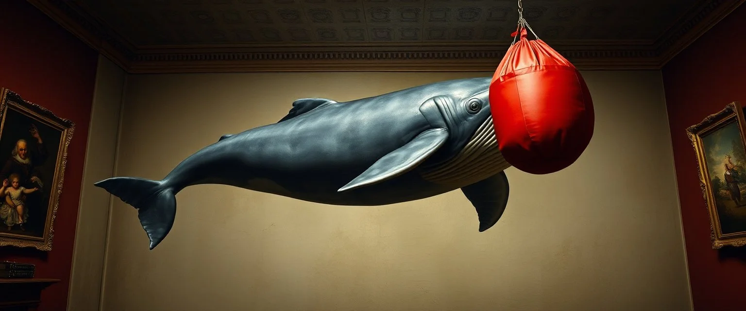 whale as punching bag, painted by Rembrandt, inside mirror house