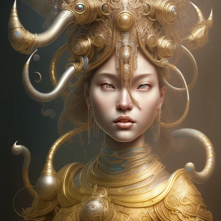 Sango fantasy, fantasy magic, intricate, sharp focus, illustration, highly detailed, digital painting, concept art, matte, art germ and Paul Lewin and Kehinde Wiley, masterpiece silver elephant head bronze Buddha Asian African girl nice breast Hawaiian hair turquoise golden waves