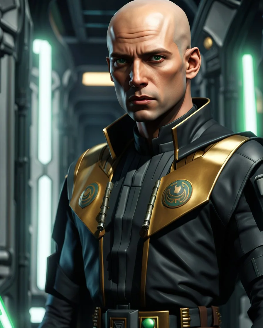 star wars bald male corellian jedi pilot wearing black and gunmetal grey old republic armored robes with gold trim inside the jedi temple holding a lightsaber with viridian green blade in left hand, centered head and shoulders portrait, hyperdetailed, dynamic lighting, hyperdetailed background, 8k resolution, volumetric lighting, light skin, fully symmetric details