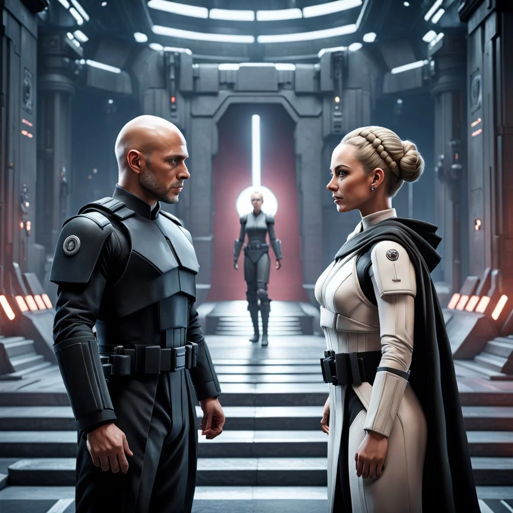 a bold and heroic bald male Corellian pilot in black and grey First Order special forces gear meets a female Jedi Master in ancient, mystical temple, hyperdetailed, dynamic lighting, hyperdetailed background, 8k resolution, volumetric lighting, light skin, fully symmetric details