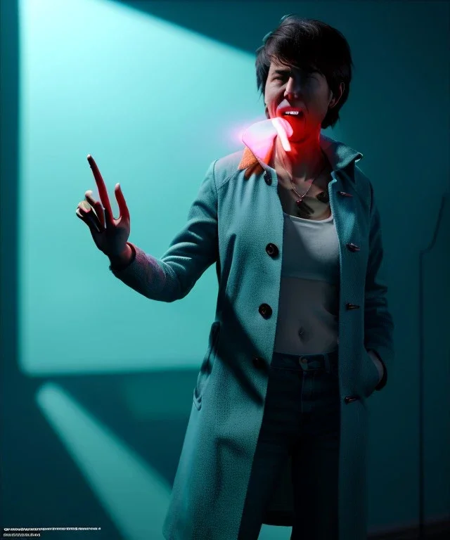 Ultra Realistic image, photo studio, medium shot view, a woman making the fuck off gesture with his finger, blue smoke coming out of his nose and mouth, happy. Latex inflatable coat, soft color, highly detailed, unreal engine 5, ray tracing, RTX, lumen lighting, ultra detail, volumetric lighting, finely drawn, high definition, high resolution.