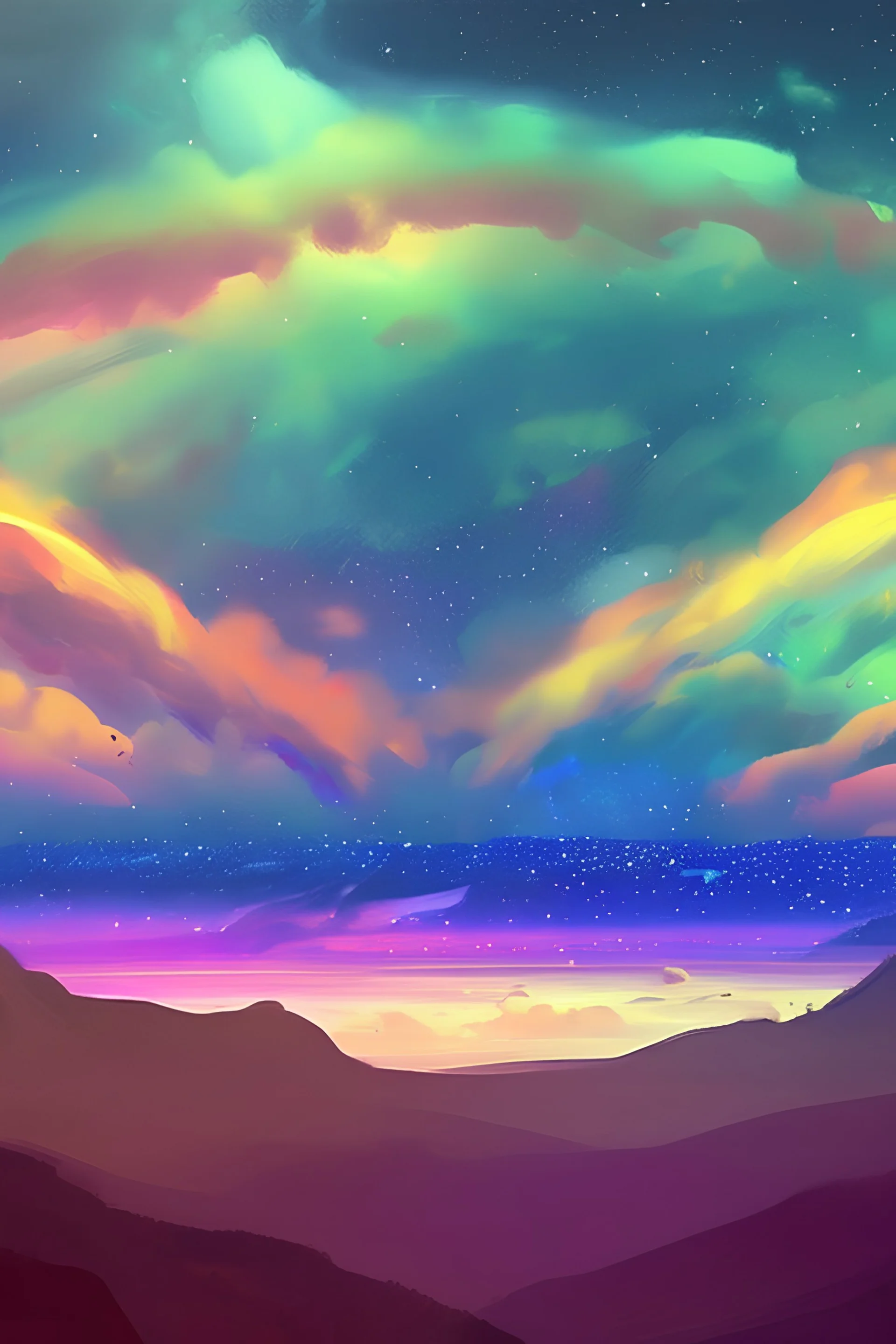 Landscape rainbow sky galaxy stars spaceships