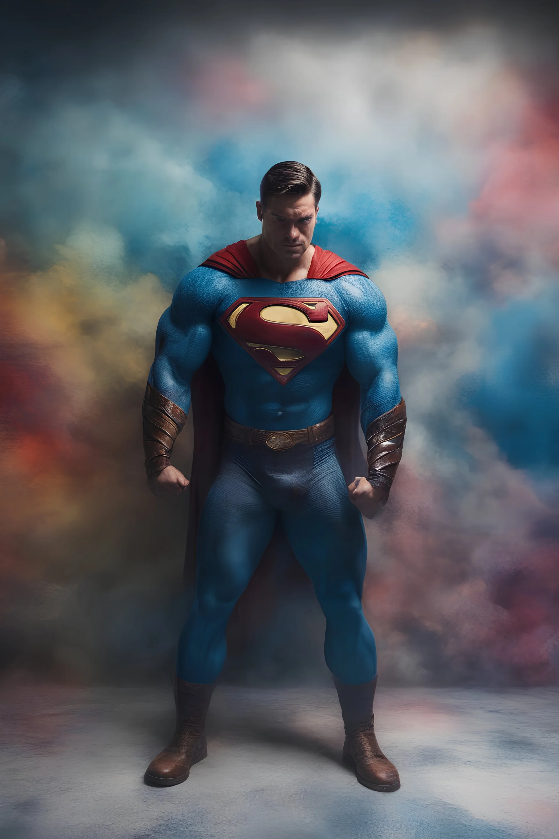 Superman, extremely huge, overexaggerated muscles, posing and flexing in a front of the camera, random extreme action poses, an extremely colorful, multicolored foggy blue marble wall in the background with a colorful marble tile floor, multicolored lightning, realism engine,