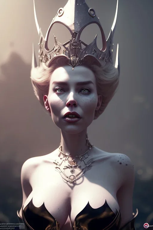 Hannah Waddingham as evil queen in black leather, busty, cleavage, voluptous, rebecca Welton, angry, stern look. character design by cory loftis, fenghua zhong, ryohei hase, ismail inceoglu and ruan jia. unreal engine 5, artistic lighting, highly detailed, photorealistic, fantasy