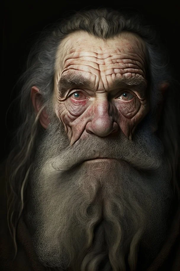 portrait of an elderly dwarf, severe look, very dark eyes, pronounced cheekbones, square jaw, long curly beard,