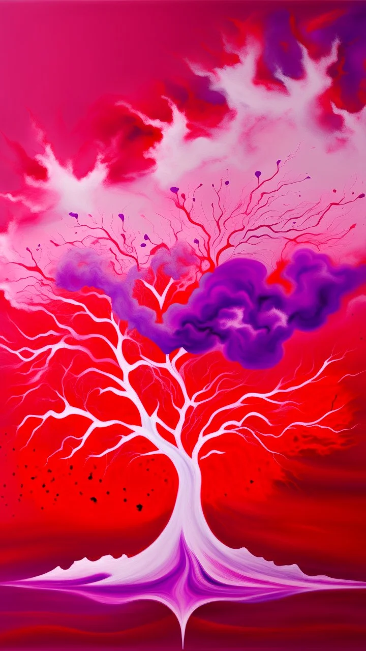 Painterly. Abstract. A white purple in red silk raiments. Anomalous red cloud issuing forth from the heart. Simple yet majestic, a tree