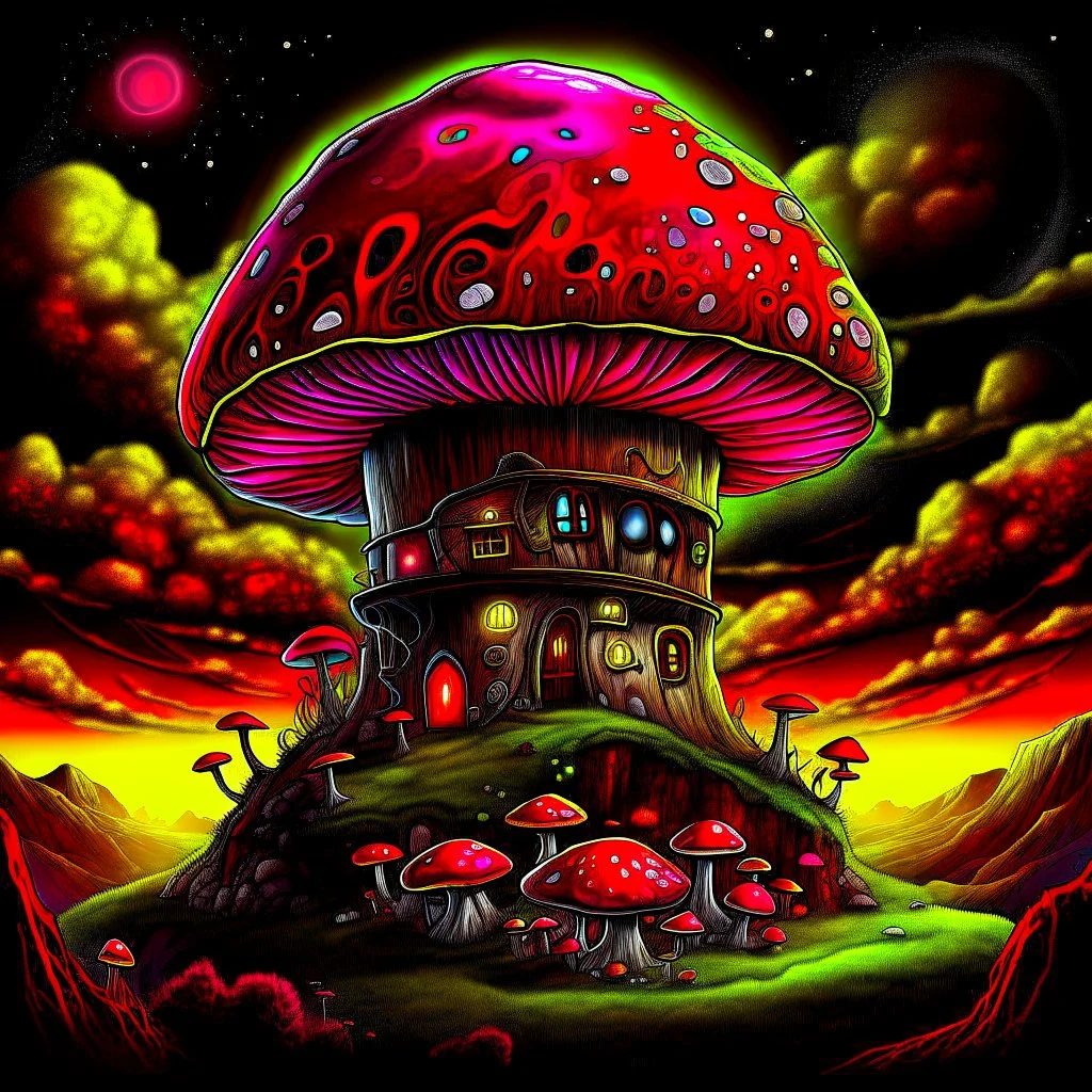 A fantabulous black, red, and green (((mushroom tower house))) erected atop a (geologic pillar), surrounded by the uncanny imaginative ((( swirling skies))), offset by the stark hues of a (neon-tinged nebulous space scape), within. captured by the hand a skilled master painter with a focus on (softly blurred compositions and voluminous lighting).