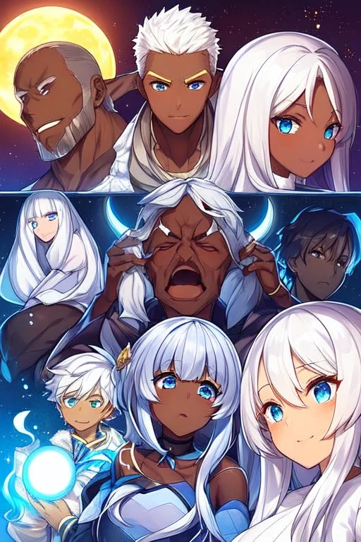 Style: Cartoon anime or manga, A boy with dark skin tone, with yellow and blue eyes, white hair, moon-shaped cheek marks, and a childish smile, he seems pretty crazy HEHE!