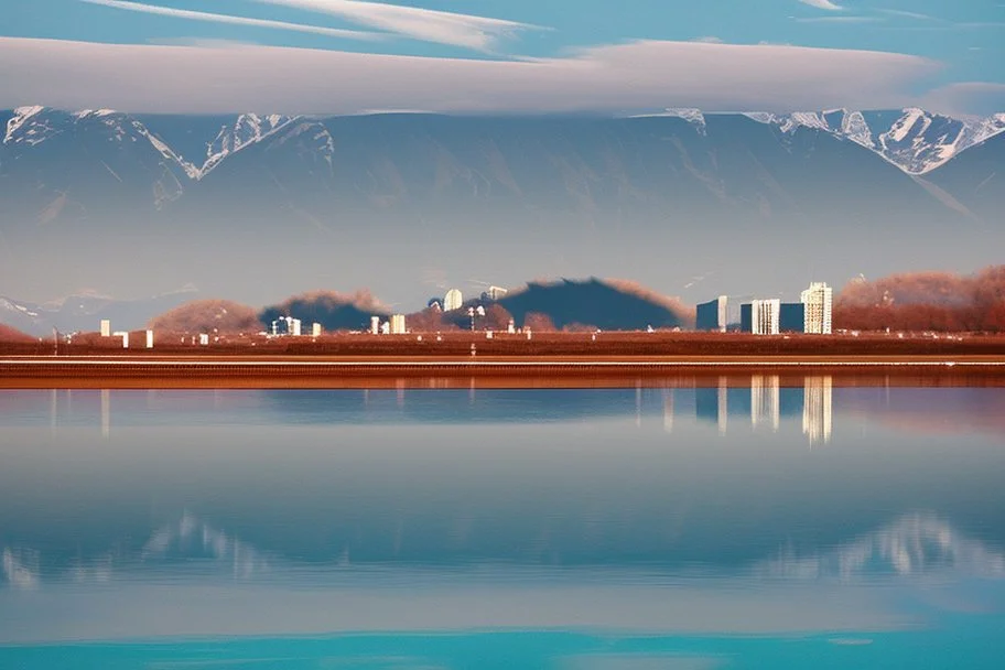 Sunny day, distant modern city, lake, lake reflections, people, mountains