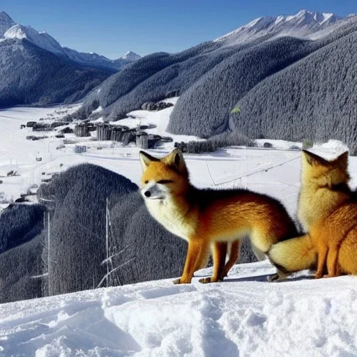 Extremely fat foxes sitting on a ski slope in front of a very luxurious hotel in the swiss mountains