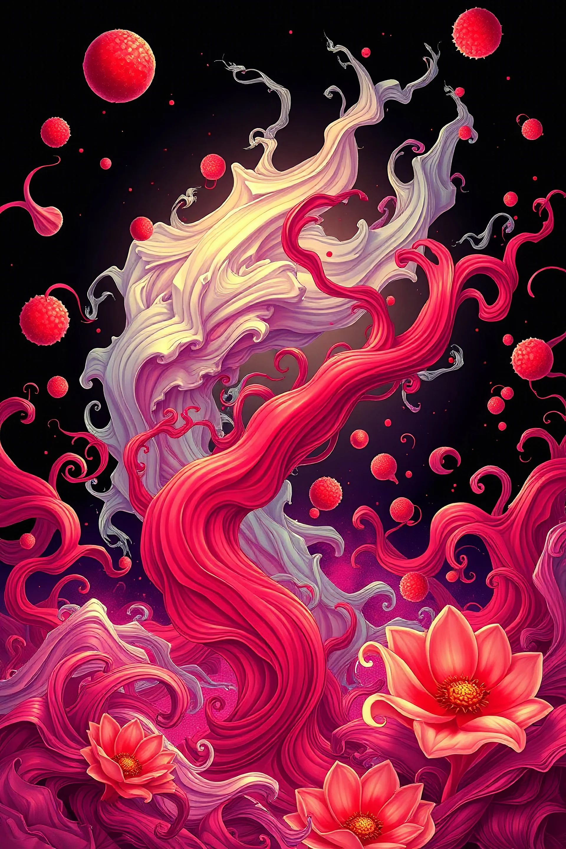 backgound in James Jean illustration style, vibrant colors, red colors, intricate details, flowing objects, ethereal lighting, 4k resolution, black background